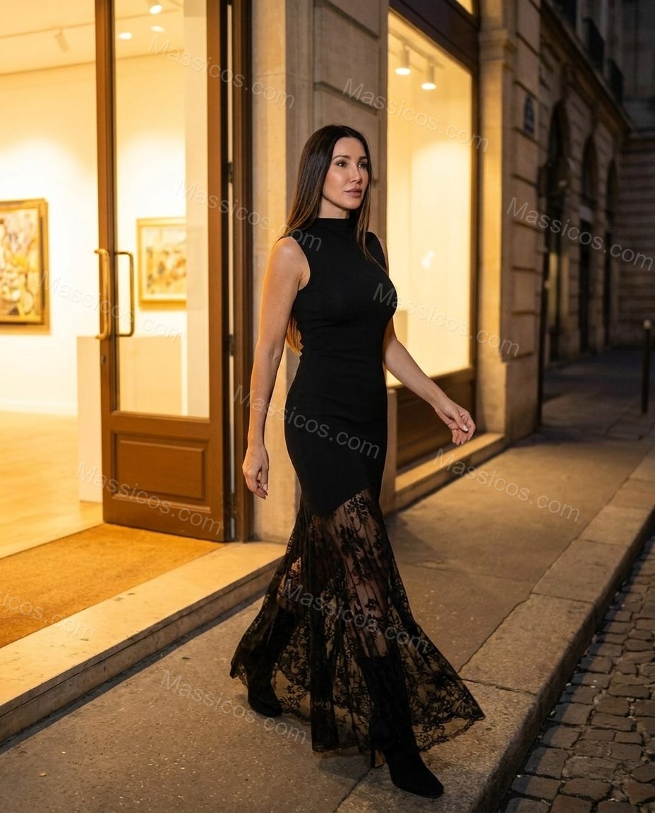 Black Glow Cocktail Hour Lace Maxi Dress Black Maxi Dress with Asymmetric silhouette and Textured texture, outdoor styling image for Pre-Fall, a gallery evening, Fall current summer selling first with a light late-summer/pre-fall accent: make it wearable by Massicos