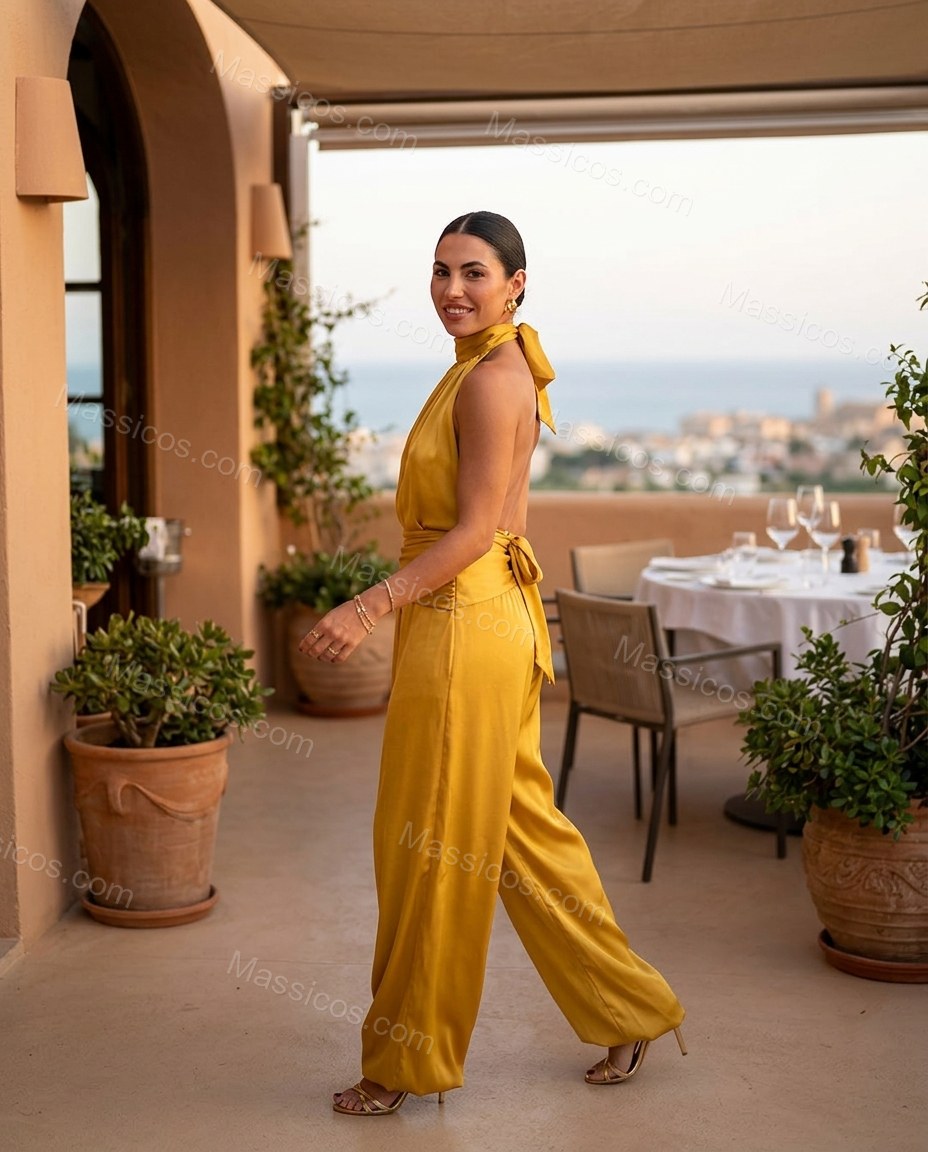 Mustard Yellow Charm Evening Satin Jumpsuit by Massicos