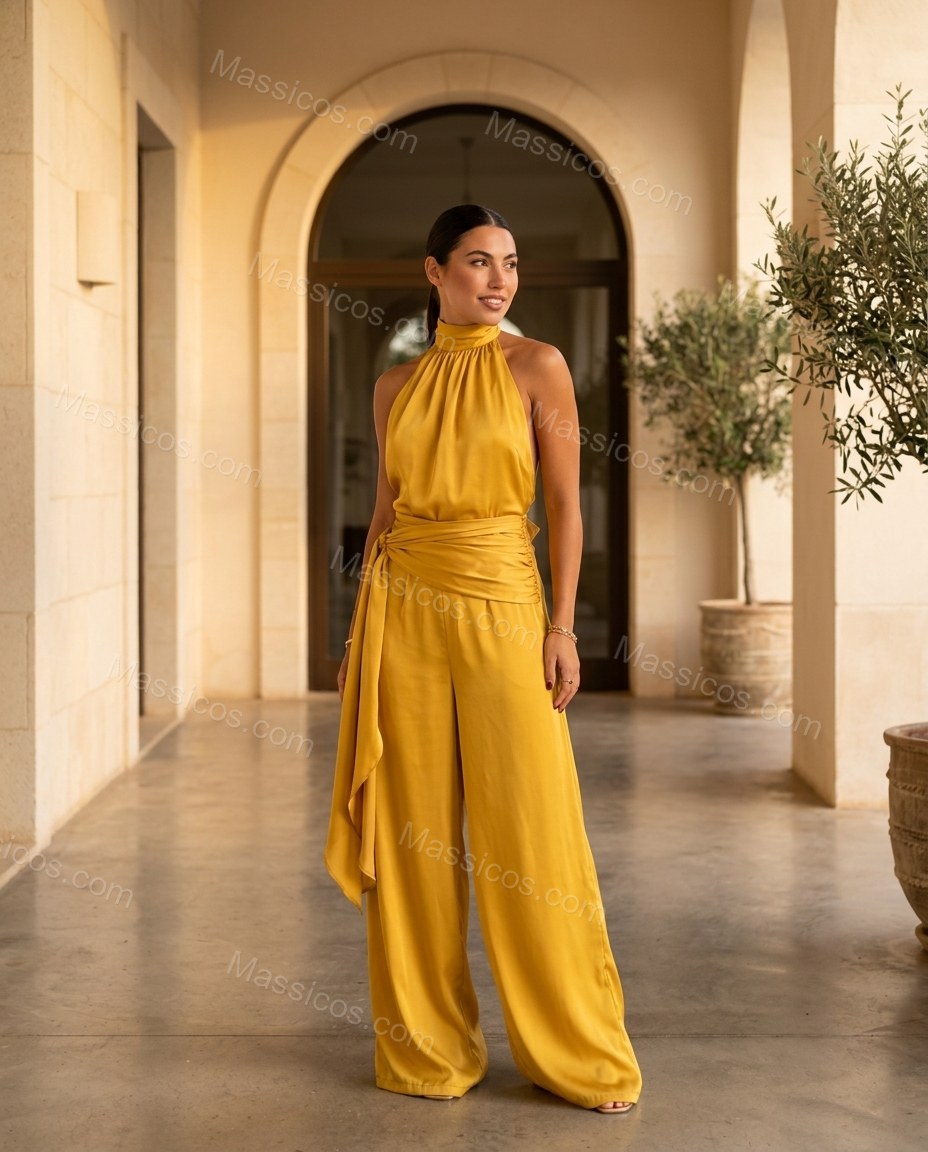 Mustard Yellow Charm Evening Satin Jumpsuit by Massicos