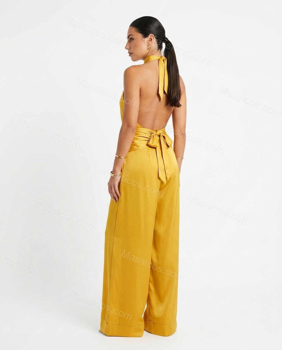 Mustard Yellow Charm Evening Satin Jumpsuit by Massicos