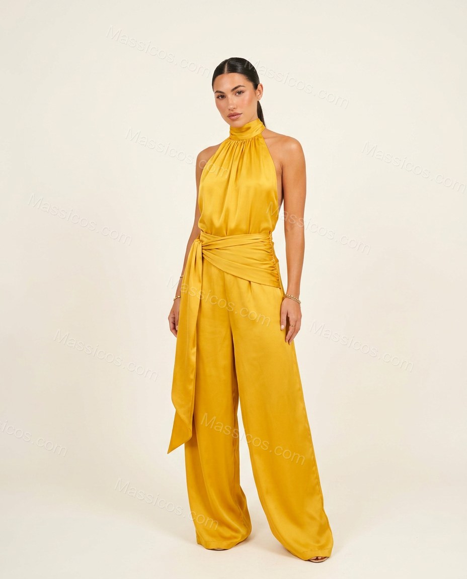 Mustard Yellow Charm Evening Satin Jumpsuit by Massicos