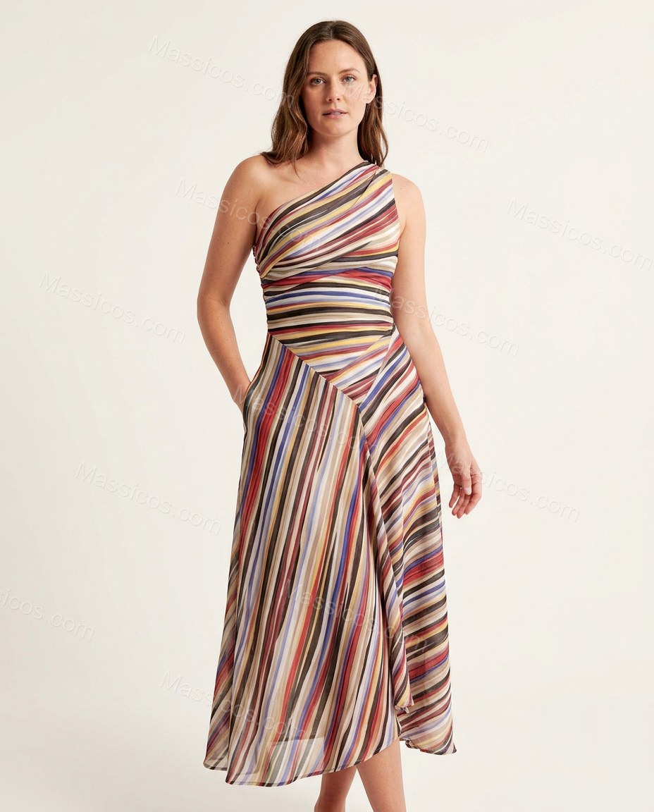 Multi-Color Aura City Layer Striped Midi Dress by Massicos