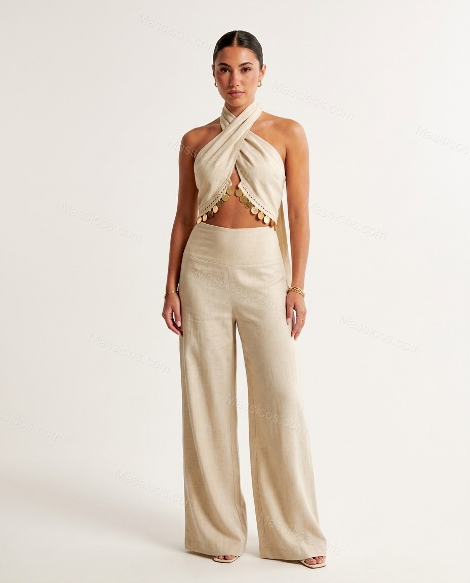 Natural Modern Linen Halter Jumpsuit by Massicos