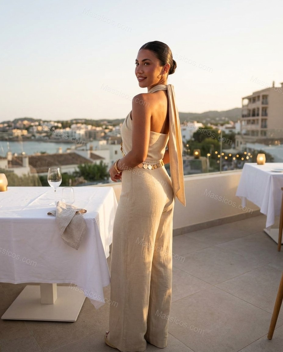 Natural Modern Linen Halter Jumpsuit by Massicos