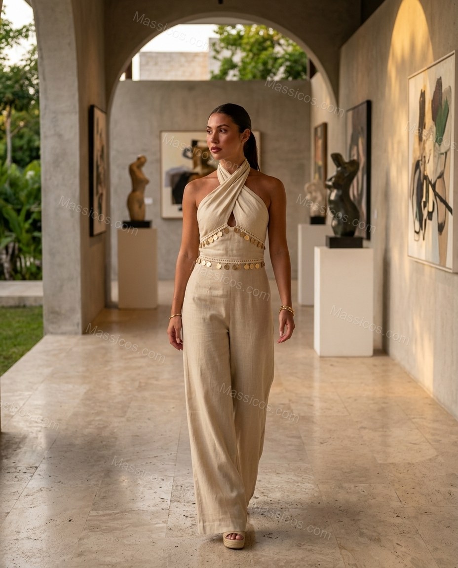 Natural Modern Linen Halter Jumpsuit by Massicos