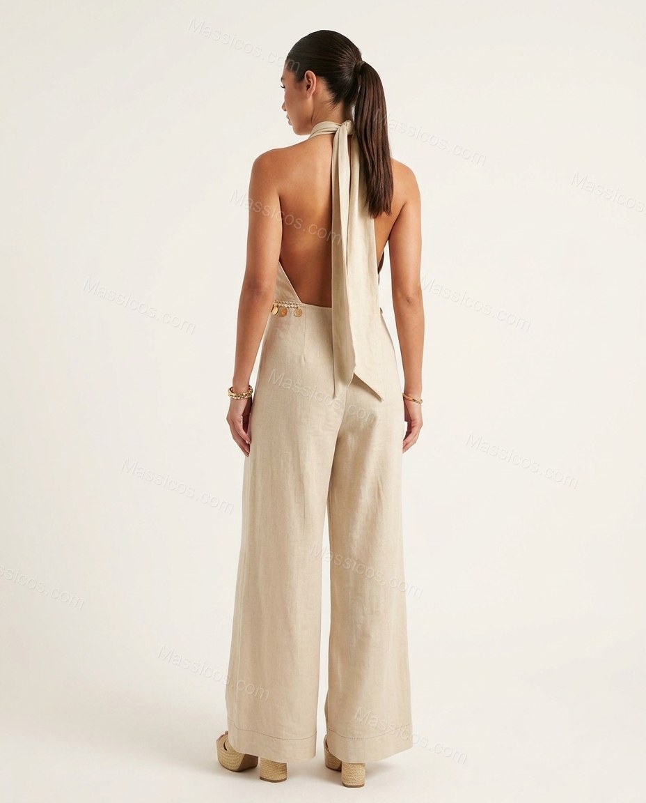 Natural Modern Linen Halter Jumpsuit by Massicos