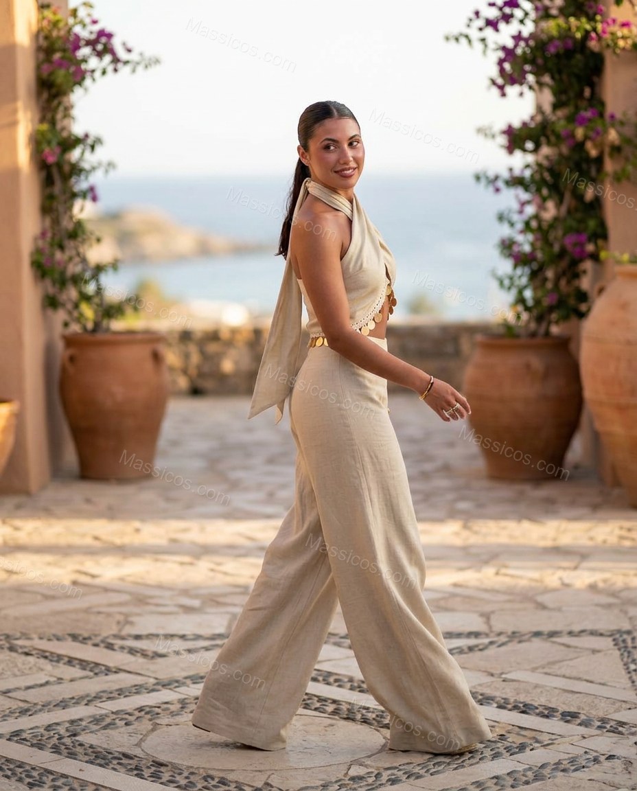 Natural Modern Linen Halter Jumpsuit by Massicos