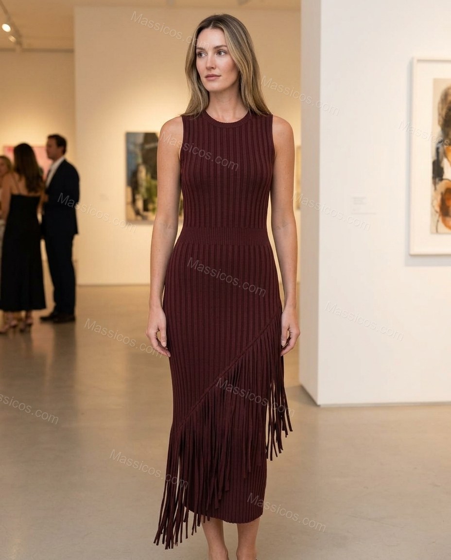 Burgundy Elevated Ribbed Midi Dress by Massicos