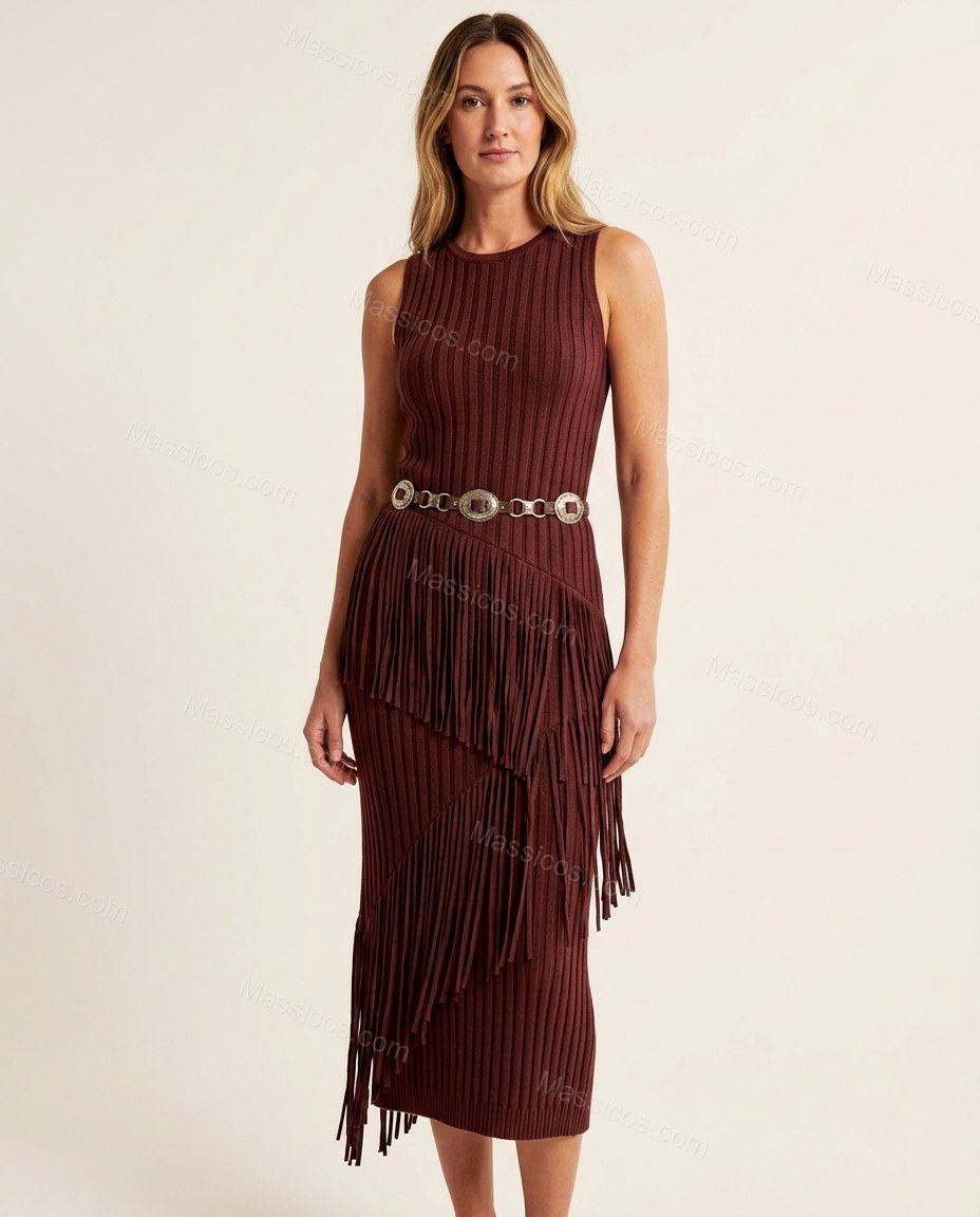 Burgundy Elevated Ribbed Midi Dress by Massicos