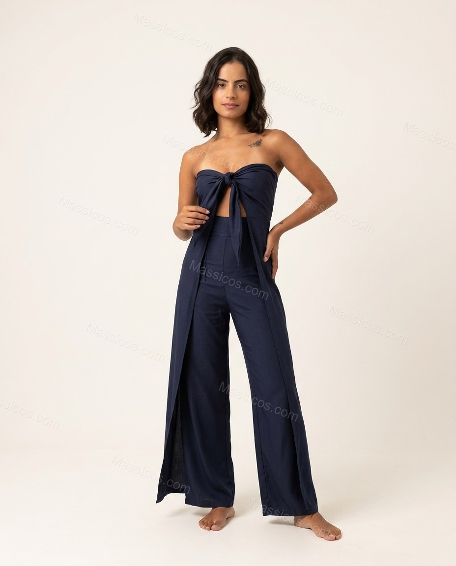 Navy Modern Textured Wide-Leg Jumpsuit by Massicos