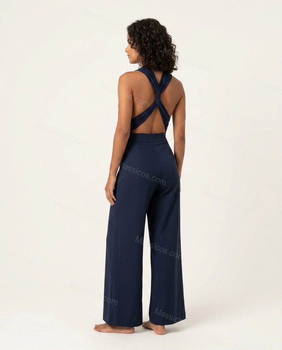 Navy Modern Textured Wide-Leg Jumpsuit by Massicos