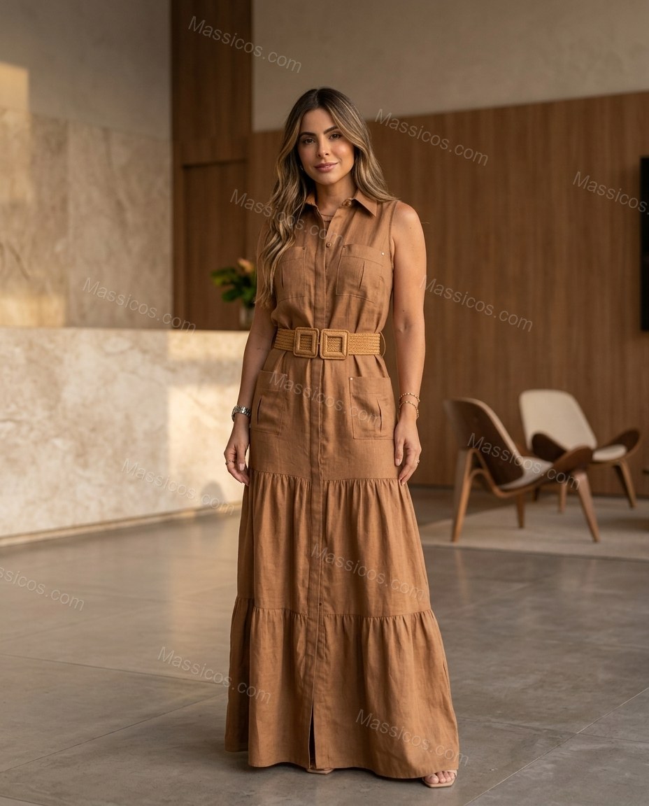 Brown Soft Tiered Maxi Dress by Massicos