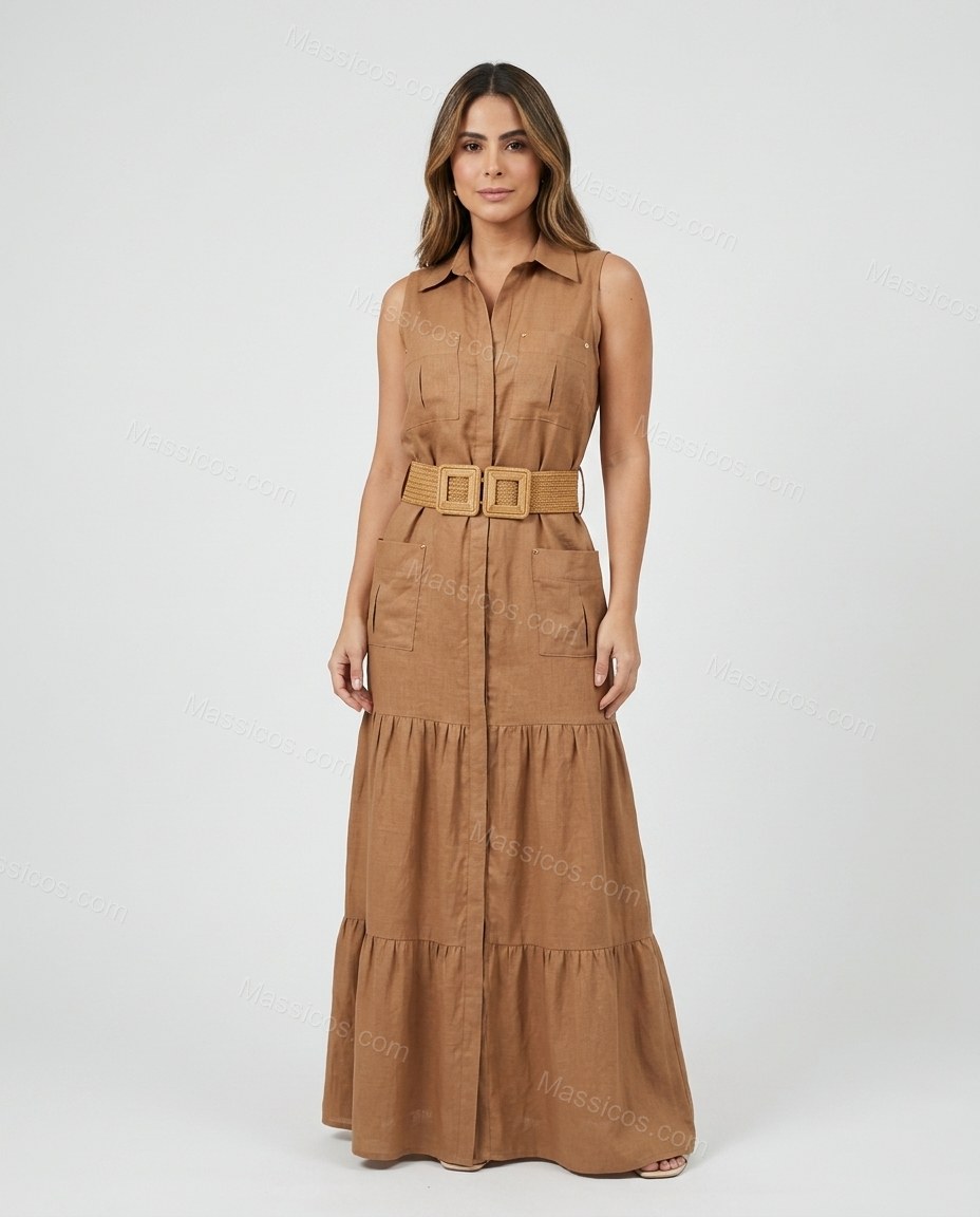 Brown Soft Tiered Maxi Dress by Massicos