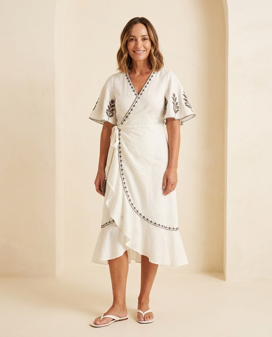 Ivory Sunlit Floral Embroidered Midi Dress by Massicos