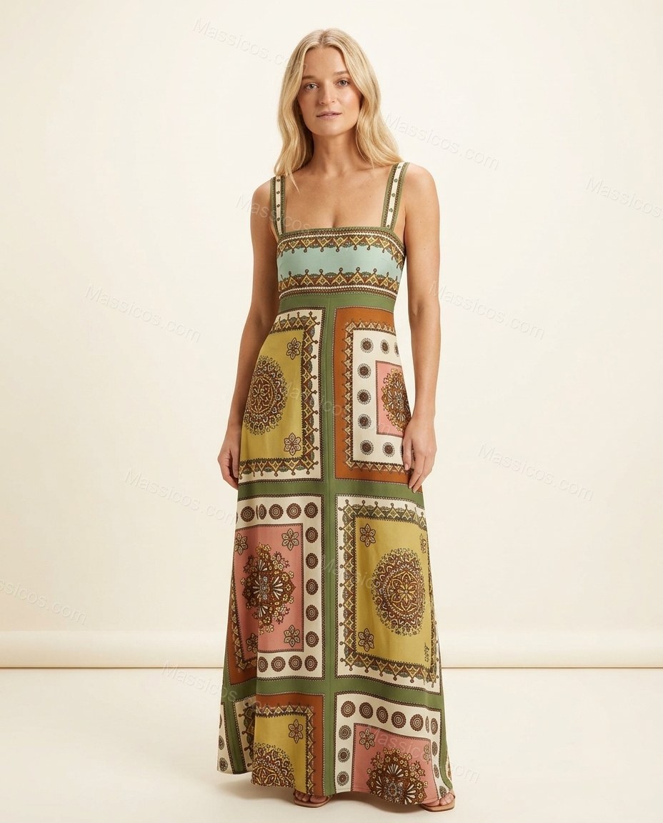 Multicolor Refined Abstract Print Maxi Dress by Massicos