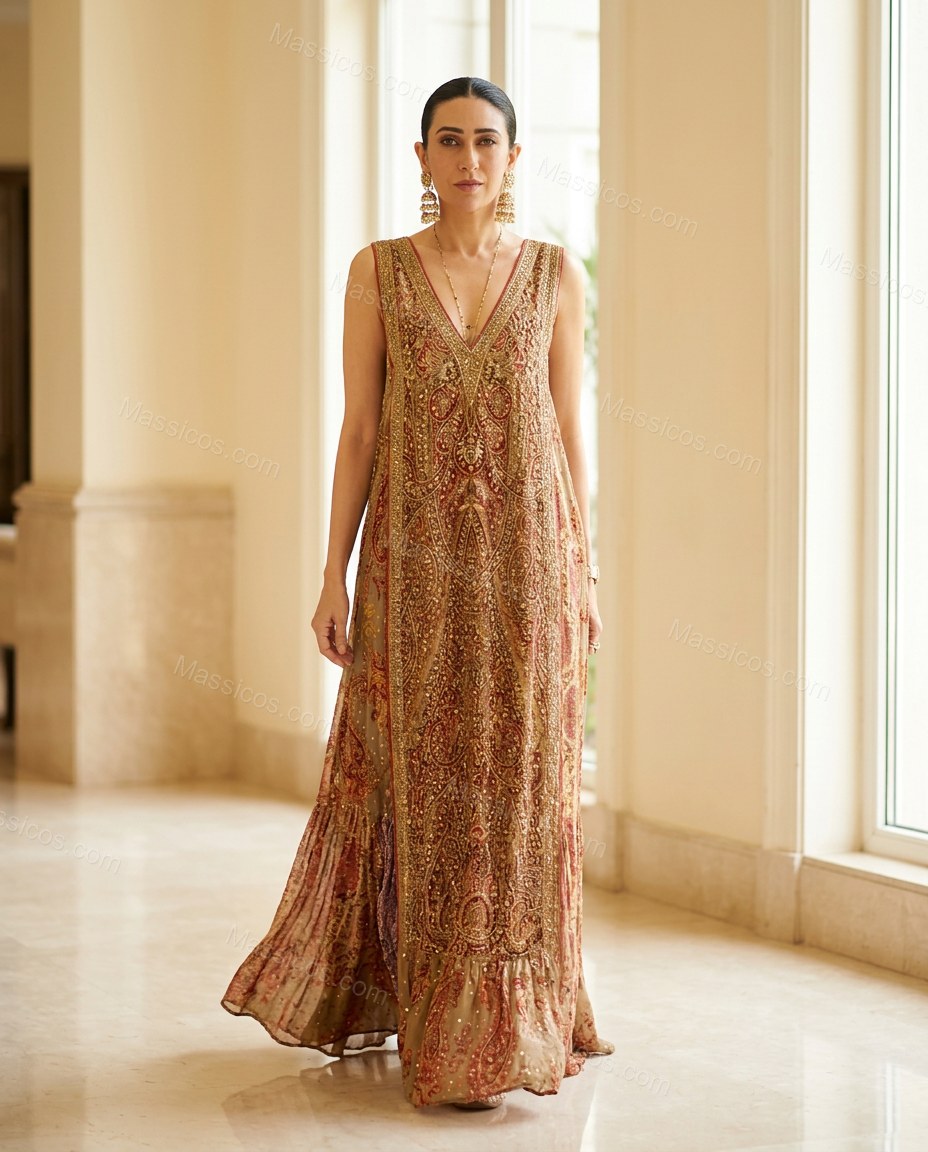 Khaki Soft Embroidered Maxi Dress by Massicos