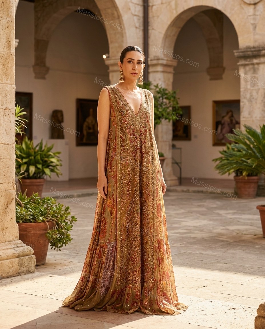 Khaki Soft Embroidered Maxi Dress by Massicos