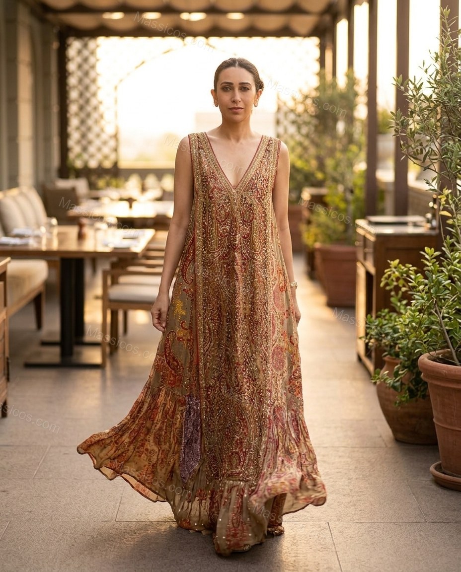 Khaki Soft Embroidered Maxi Dress by Massicos