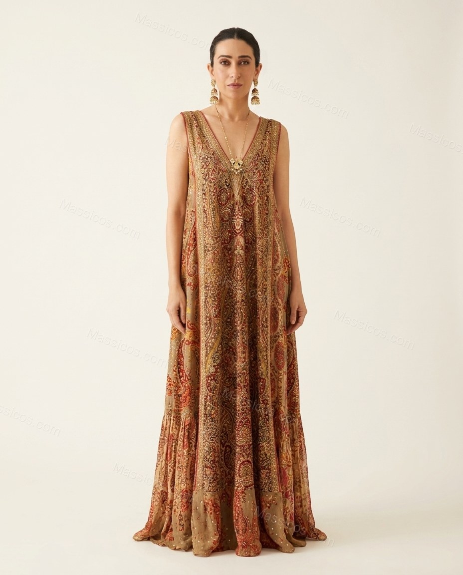 Khaki Soft Embroidered Maxi Dress by Massicos