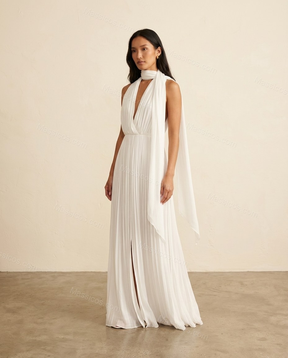Ivory Polished Pleated Maxi Dress by Massicos