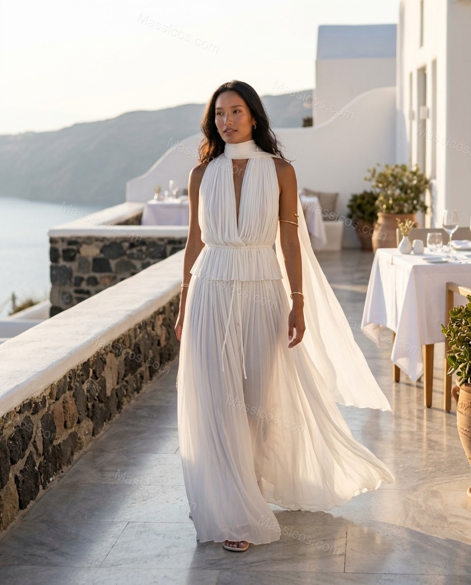 Ivory Polished Pleated Maxi Dress by Massicos