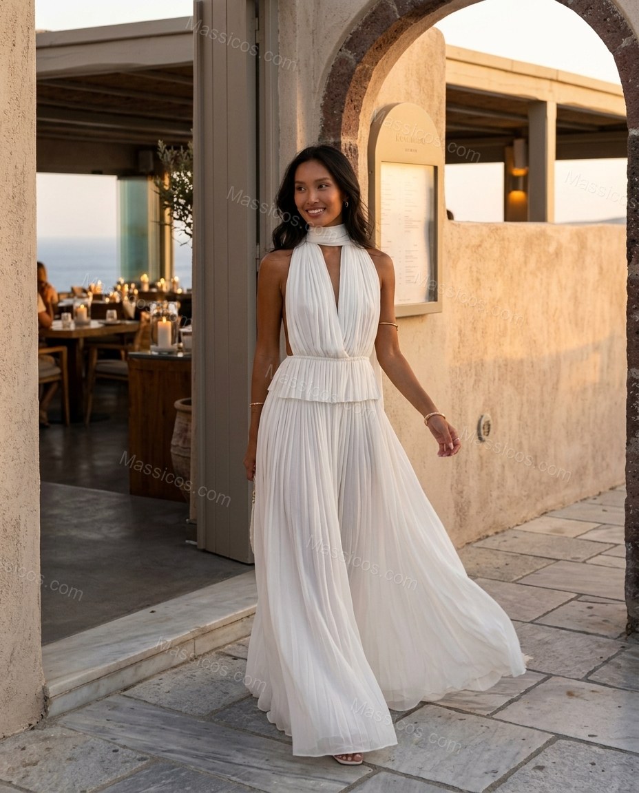 Ivory Polished Pleated Maxi Dress by Massicos