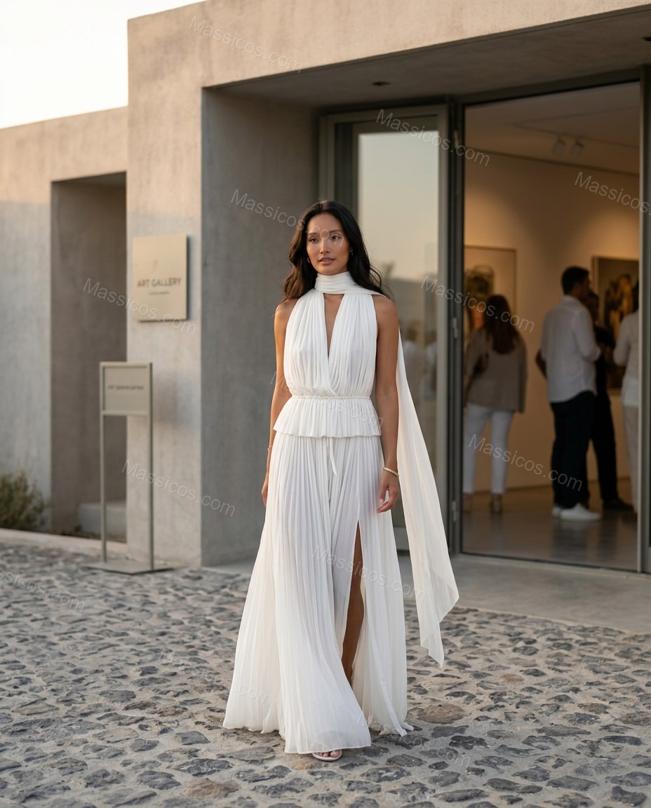 Ivory Polished Pleated Maxi Dress by Massicos