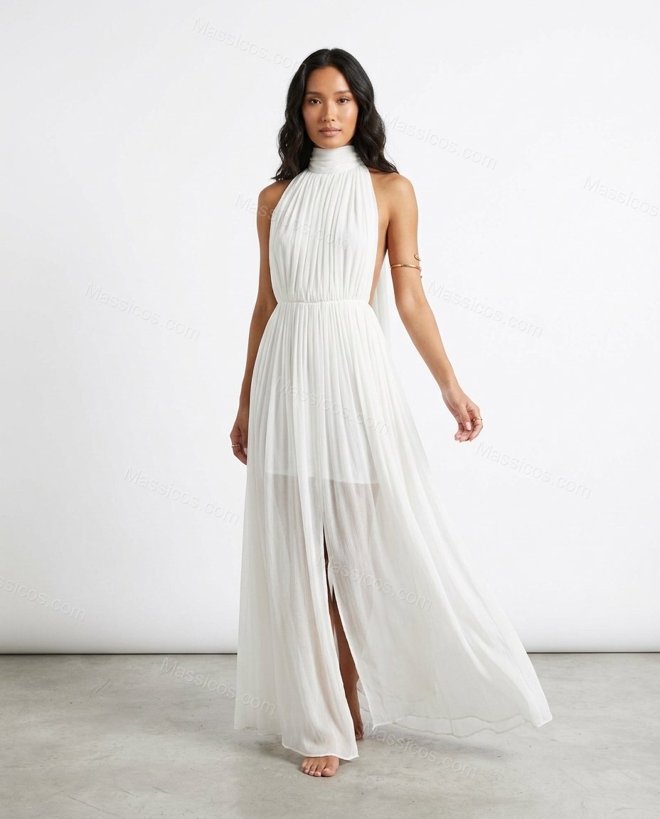 Ivory Polished Pleated Maxi Dress by Massicos