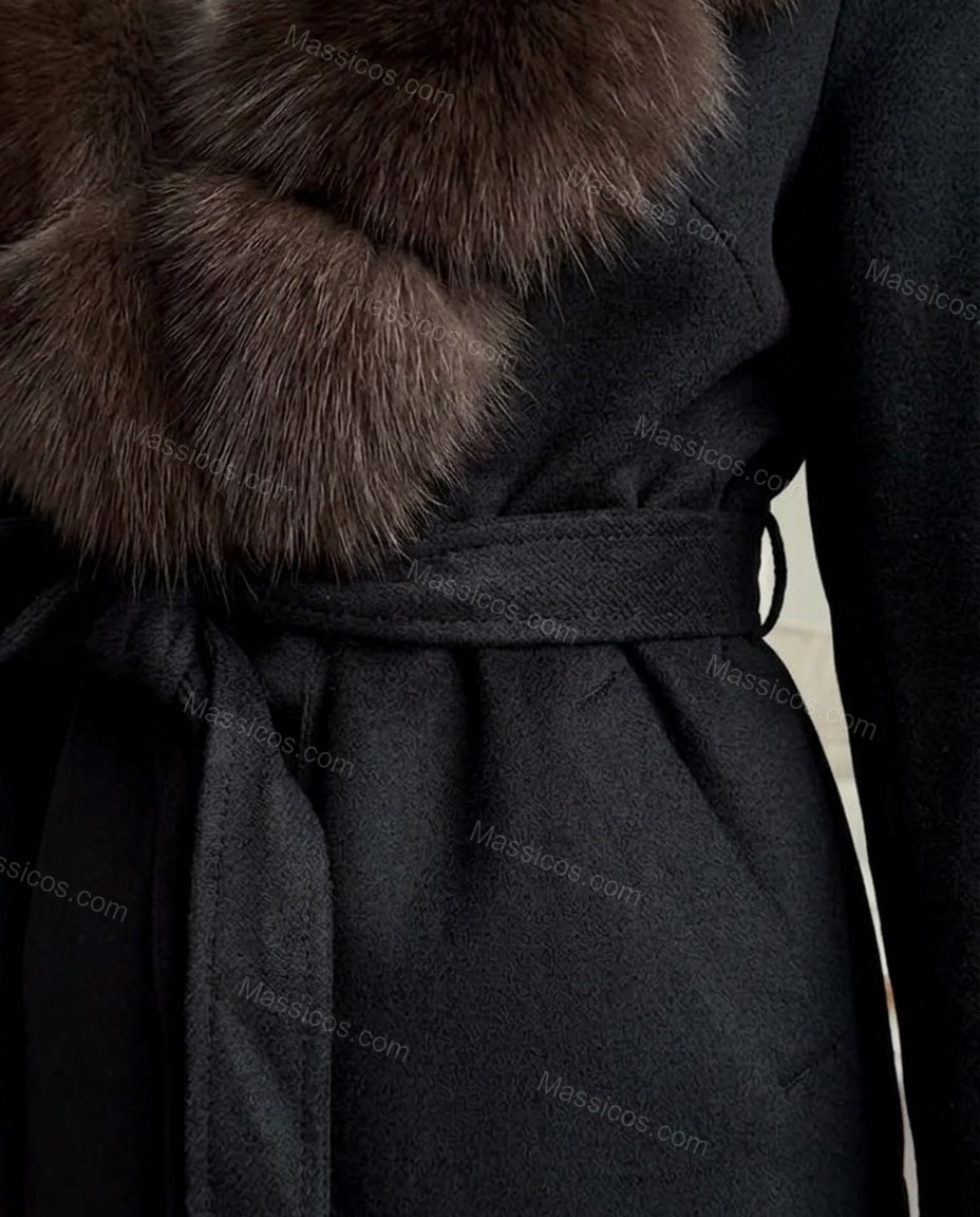 Black City-Ready Fur-Trim Belted Coat by Massicos