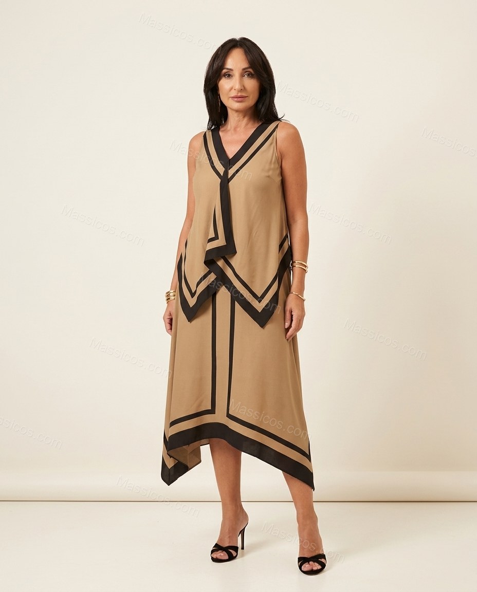 Sand Effortless Abstract Print Midi Dress Sand Midi Dress with Asymmetric silhouette and Textured texture, clean studio product view for Day-to-Night, a dinner reservation, Fall late-summer dinners, city weekends, and early-fall plans, US East / Hamptons by Massicos