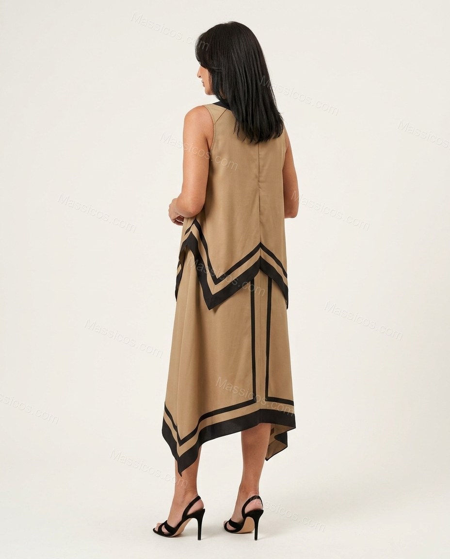 Sand Effortless Abstract Print Midi Dress Sand Midi Dress with Asymmetric silhouette and Textured texture, side or back garment view for Day-to-Night, a dinner reservation, Fall late-summer dinners, city weekends, and early-fall plans, US East / Hamptons by Massicos