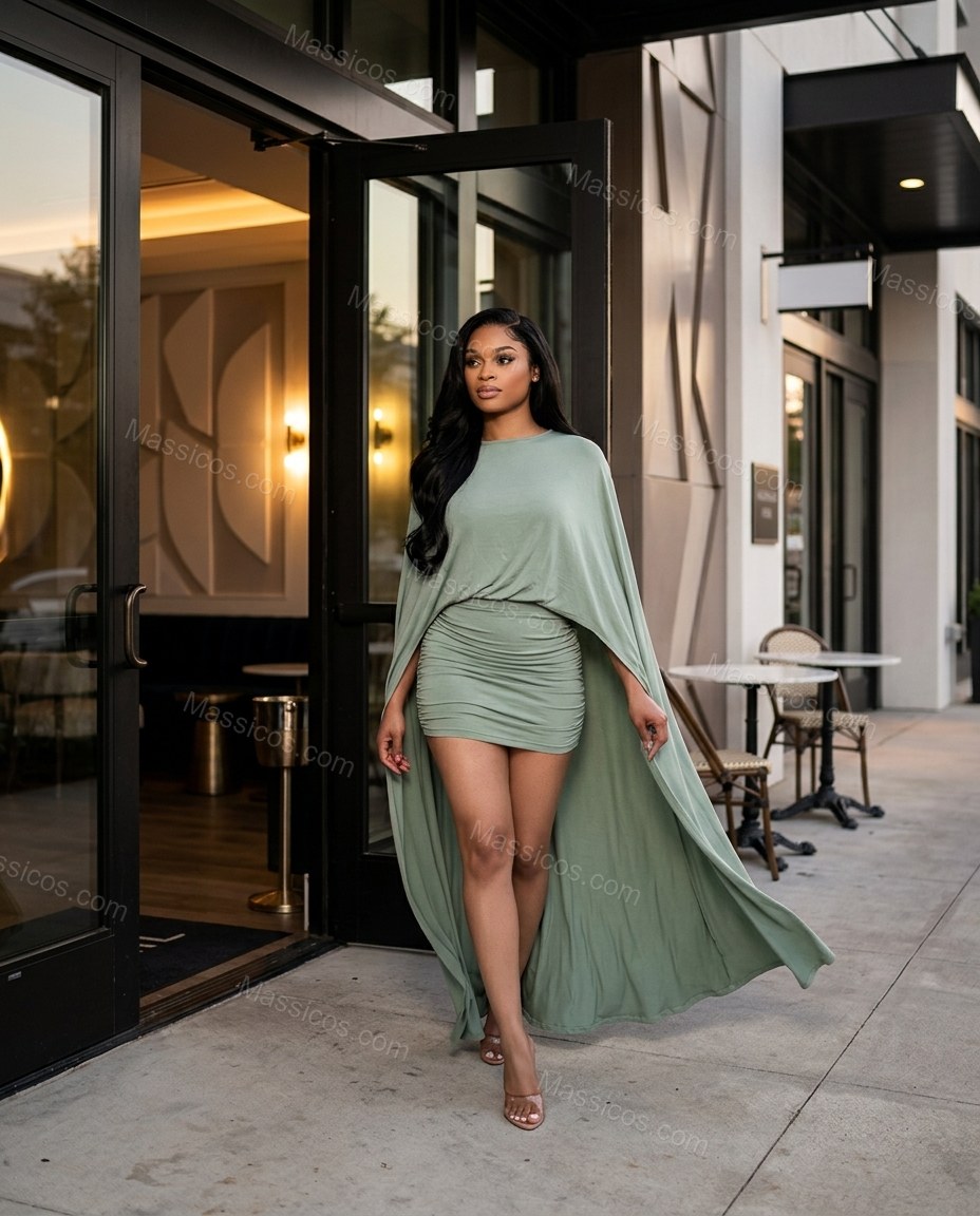 Sage Green Polished Ruched Mini Dress by Massicos