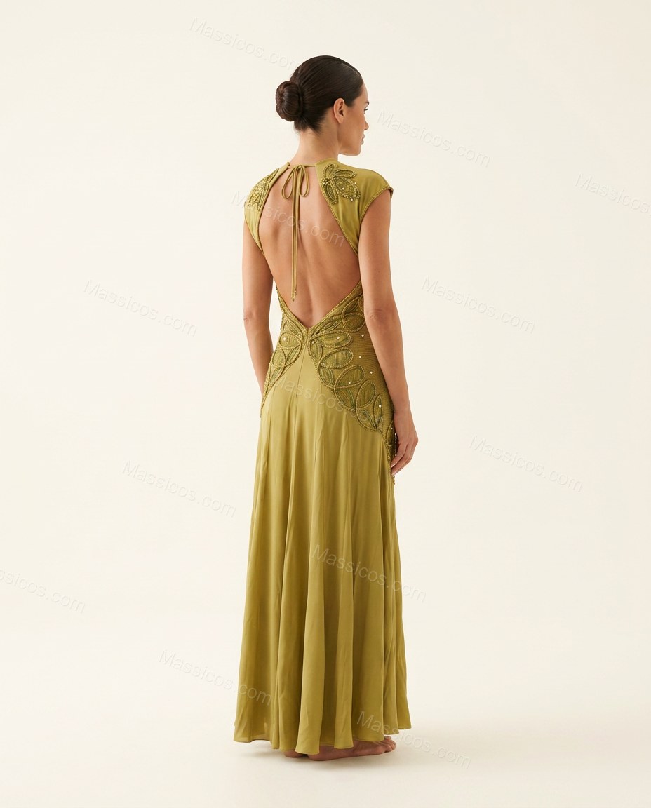 Olive Green After-Dark Floral Embroidered Maxi Dress by Massicos