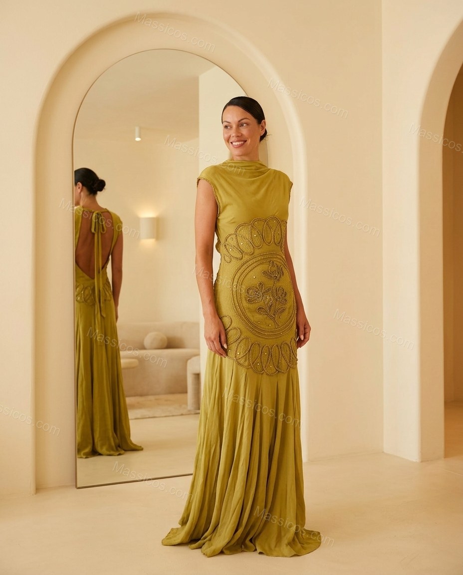 Olive Green After-Dark Floral Embroidered Maxi Dress by Massicos