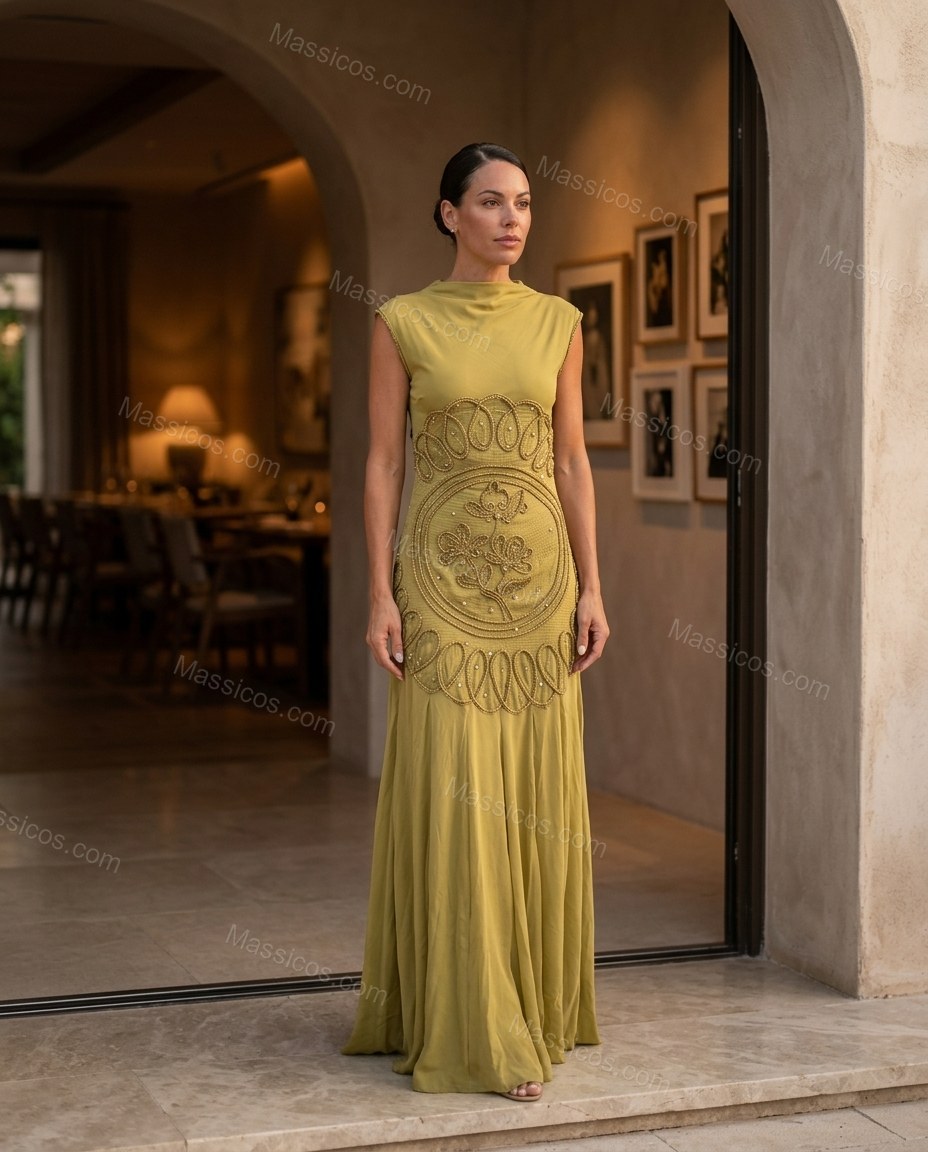 Olive Green After-Dark Floral Embroidered Maxi Dress by Massicos