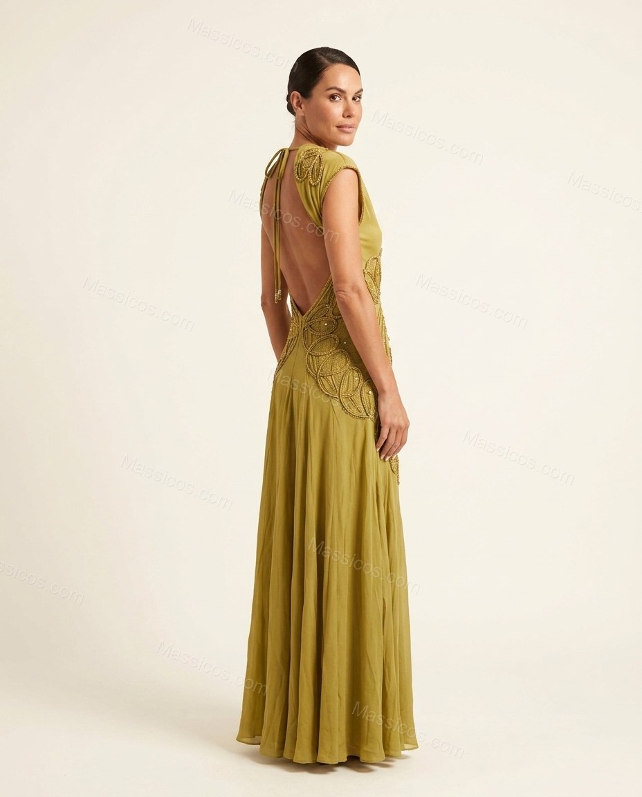 Olive Green After-Dark Floral Embroidered Maxi Dress by Massicos