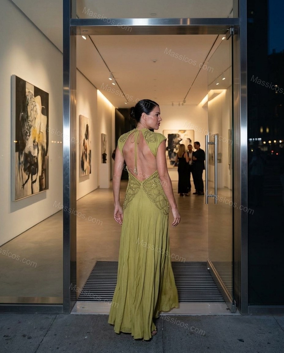 Olive Green After-Dark Floral Embroidered Maxi Dress by Massicos