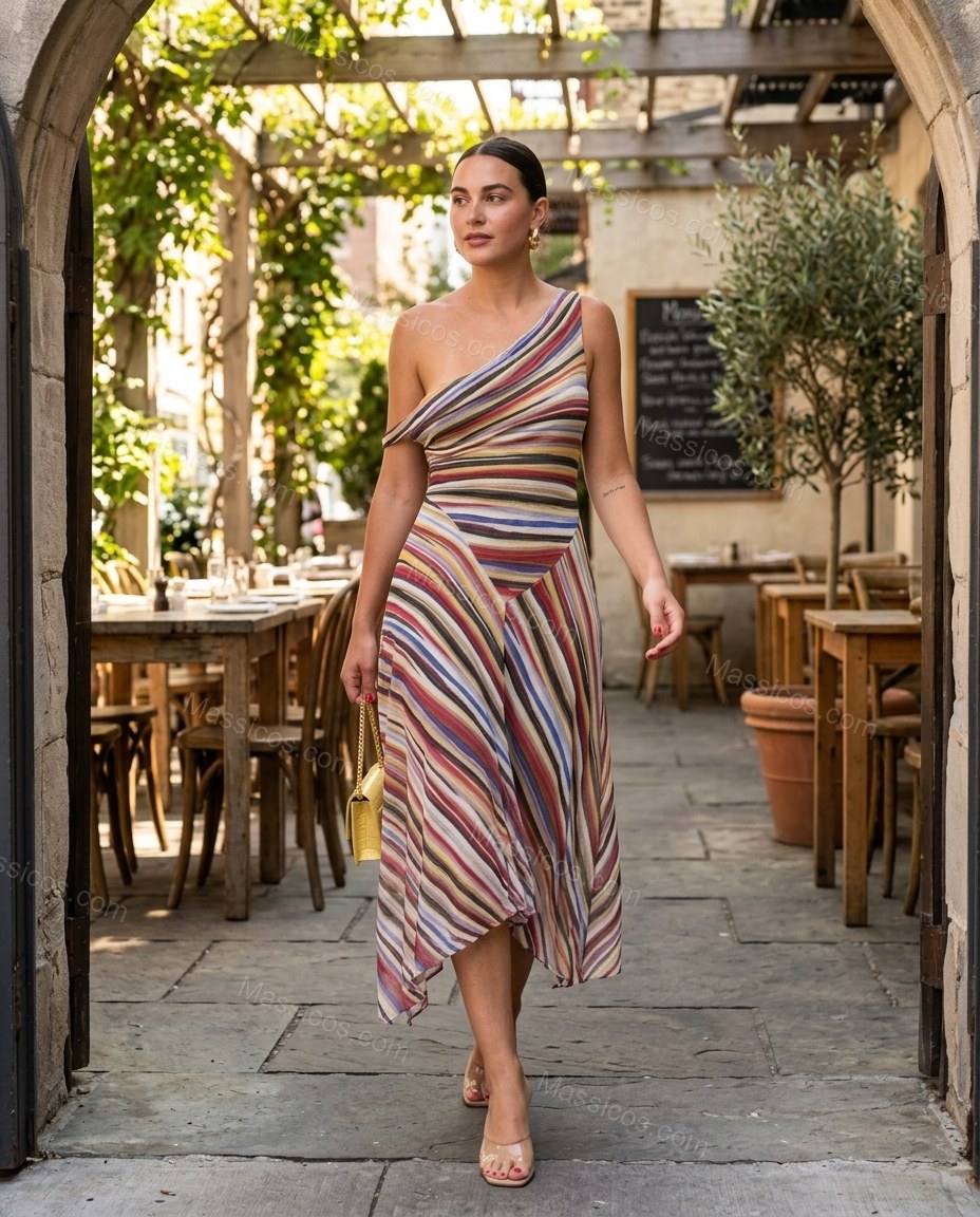 Multi-Color Refined Striped Midi Dress by Massicos