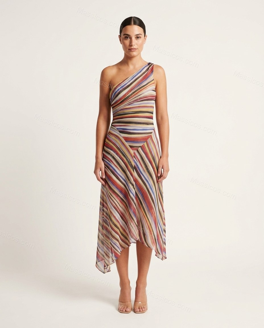 Multi-Color Refined Striped Midi Dress by Massicos