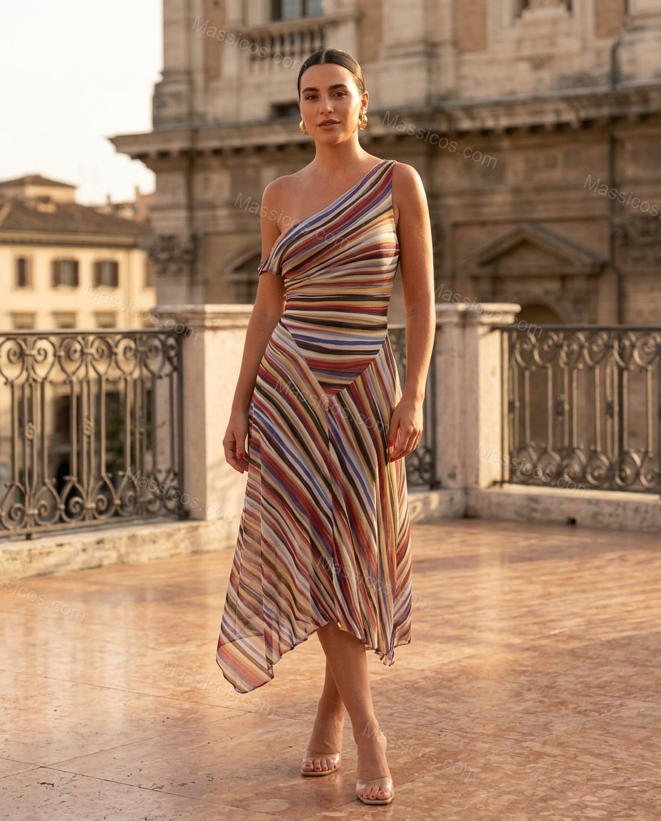 Multi-Color Refined Striped Midi Dress by Massicos