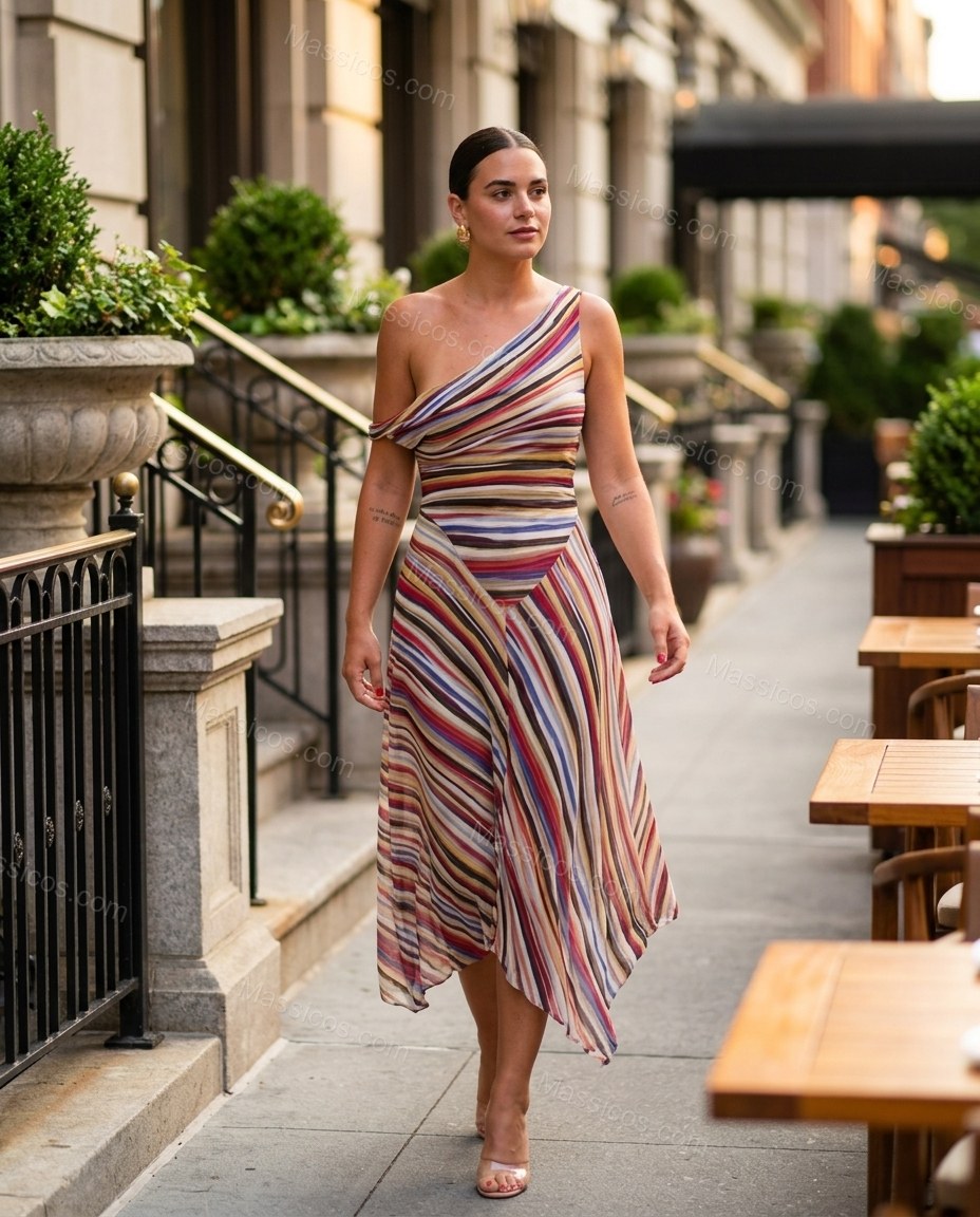 Multi-Color Refined Striped Midi Dress by Massicos