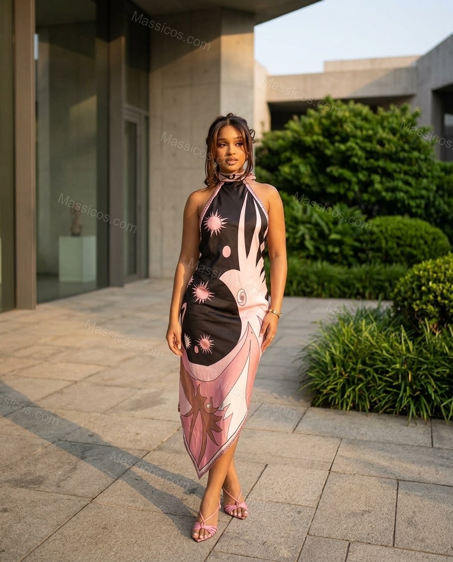 Black Sleek Abstract Print Maxi Dress by Massicos