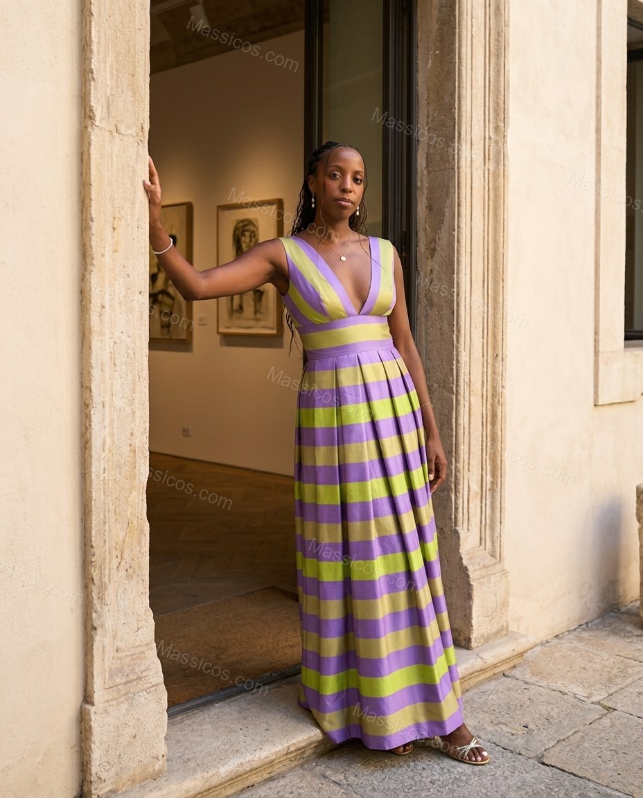 Lilac Polished Striped Maxi Dress by Massicos
