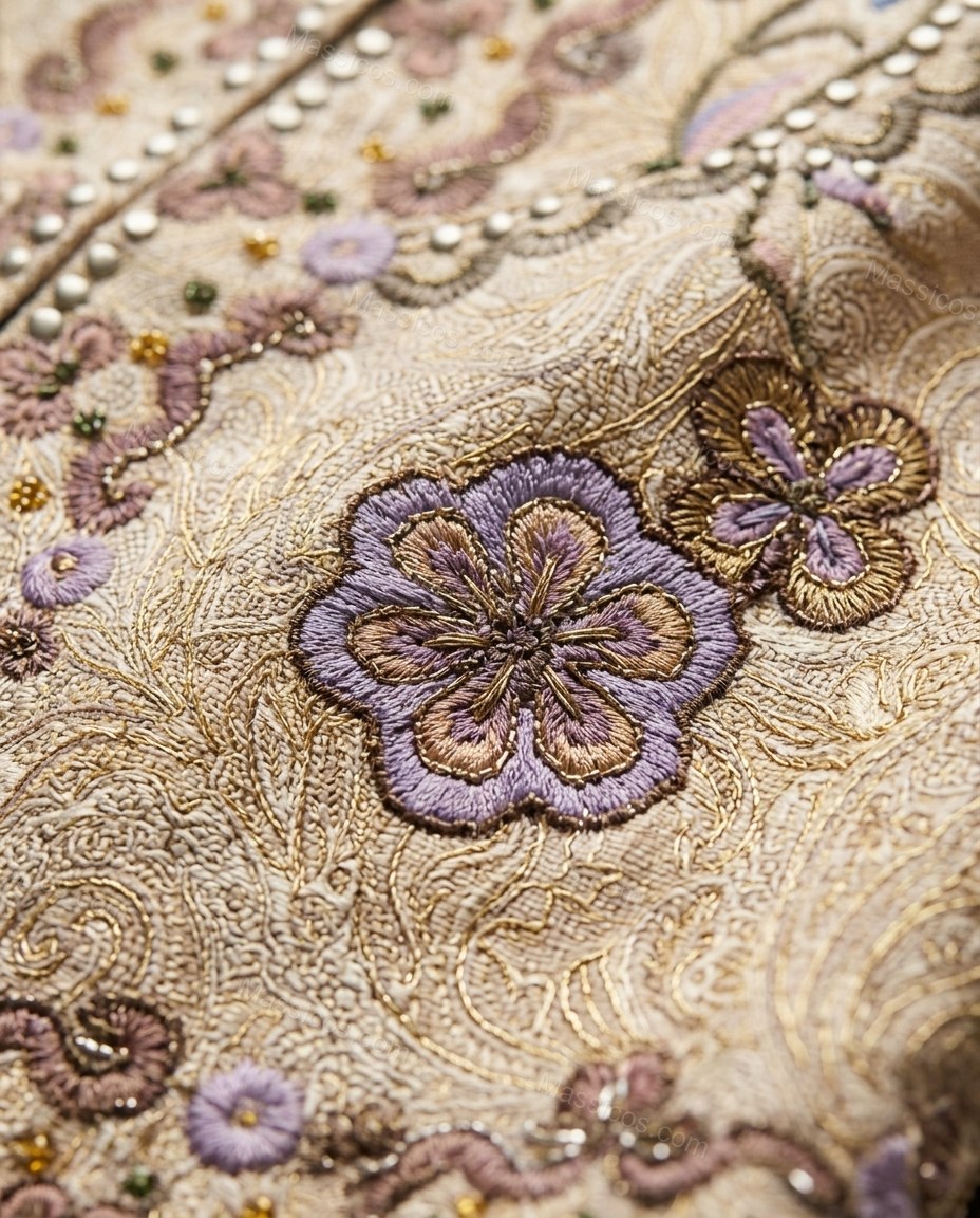 Beige With Purple And Gold Embroidery Floral V-Neck Lace Short Set Beige With Purple And Gold Embroidery Short Set with Wide-Leg silhouette and Textured texture, additional styling view for Day-to-Night, an early-evening outing, Fall late-summer dinners, by Massicos