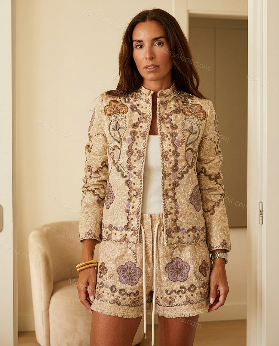 Beige With Purple And Gold Embroidery Floral V-Neck Lace Short Set Beige With Purple And Gold Embroidery Short Set with Wide-Leg silhouette and Textured texture, front view product image for Day-to-Night, an early-evening outing, Fall late-summer dinners, by Massicos