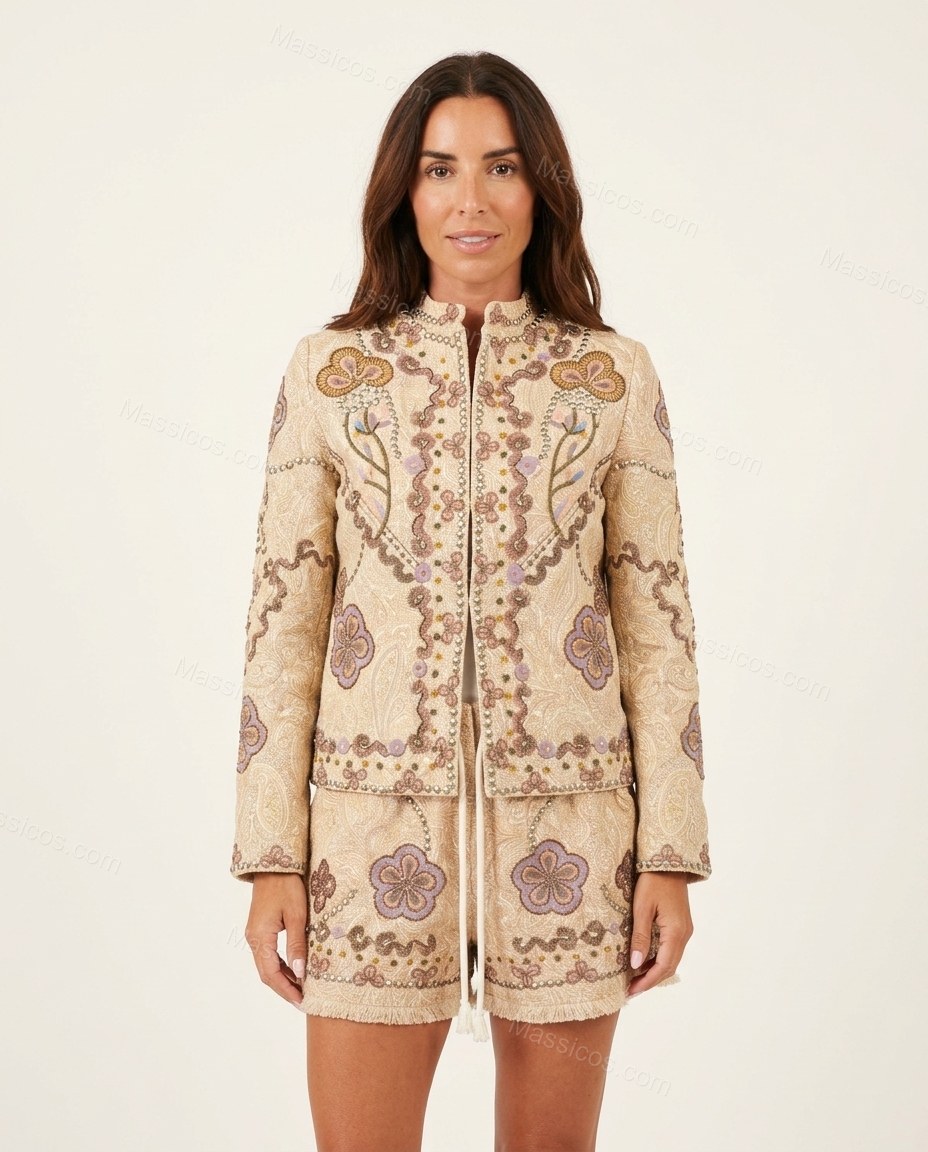 Beige With Purple And Gold Embroidery Floral V-Neck Lace Short Set Beige With Purple And Gold Embroidery Short Set with Wide-Leg silhouette and Textured texture, fabric and construction detail for Day-to-Night, an early-evening outing, Fall late-summer di by Massicos
