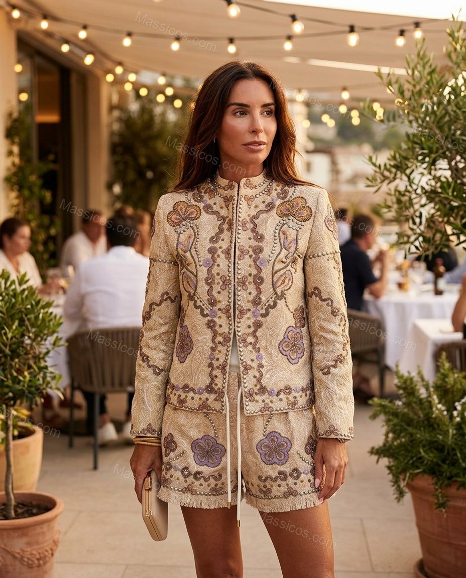 Beige With Purple And Gold Embroidery Floral V-Neck Lace Short Set Beige With Purple And Gold Embroidery Short Set with Wide-Leg silhouette and Textured texture, editorial ecommerce scene for Day-to-Night, an early-evening outing, Fall late-summer dinners by Massicos