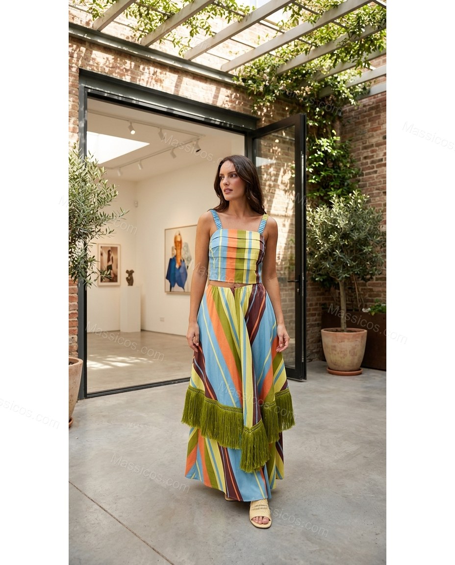 Multi-Color After-Dark Lace Pant Set Multi-Color Pant Set with Asymmetric silhouette and Textured texture, outdoor styling image for Day-to-Night, an early-evening outing, Fall late-summer dinners, city weekends, and early-fall plans, US East / Hamptons E by Massicos