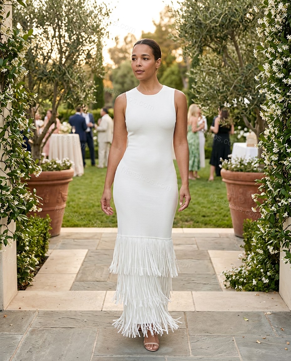 Ivory Sleek Fringe Maxi Dress by Massicos