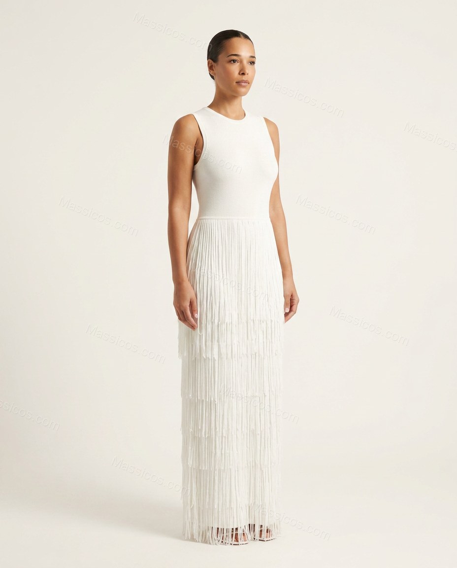 Ivory Sleek Fringe Maxi Dress by Massicos